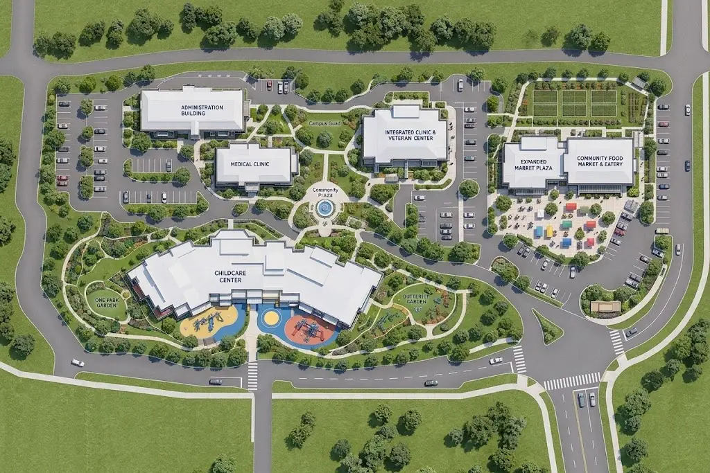 COREI™ Multi-Purpose Complex overhead site plan — Master plan layout for the rural community campus in Mount Enterprise, Rusk County, East Texas